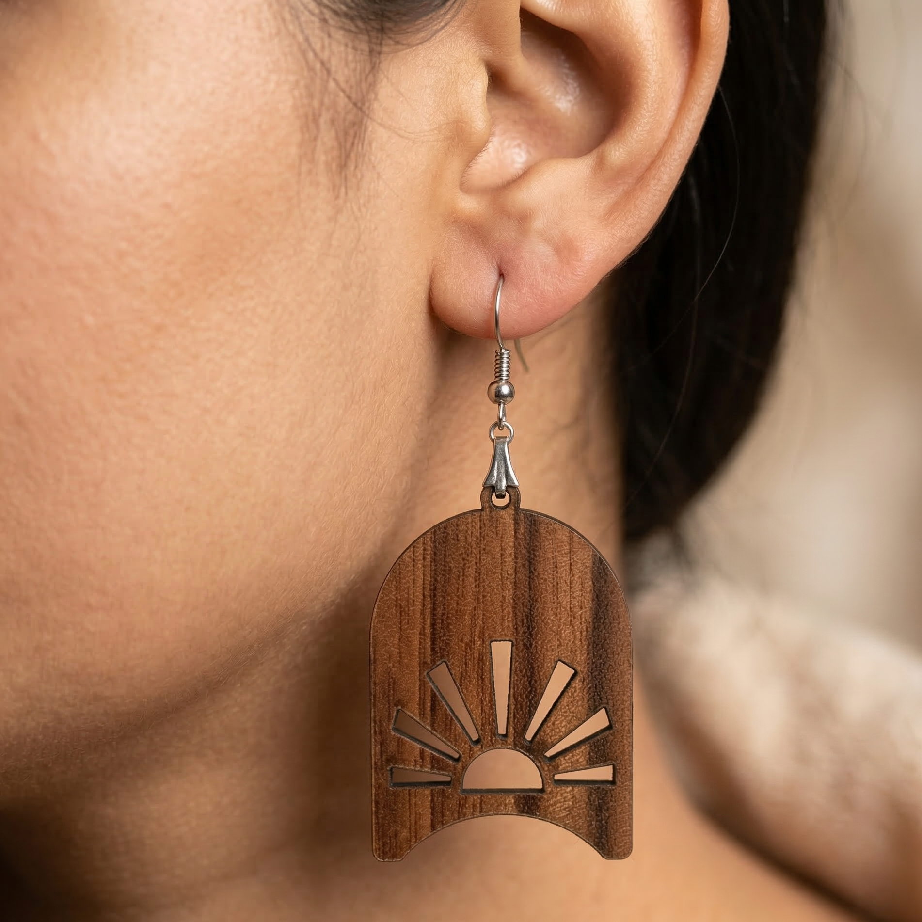 sunrise wooden earrings for women arch shape sunbeam cutout minimalist nature dangle earrings
