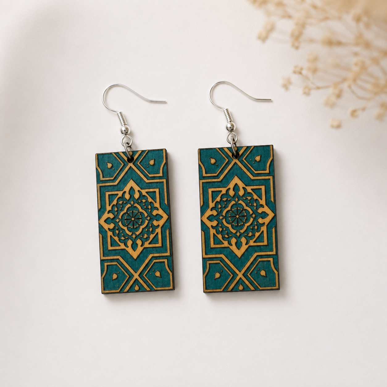 Teal and gold Moroccan mandala wooden rectangle dangle earrings with geometric engraving Main image