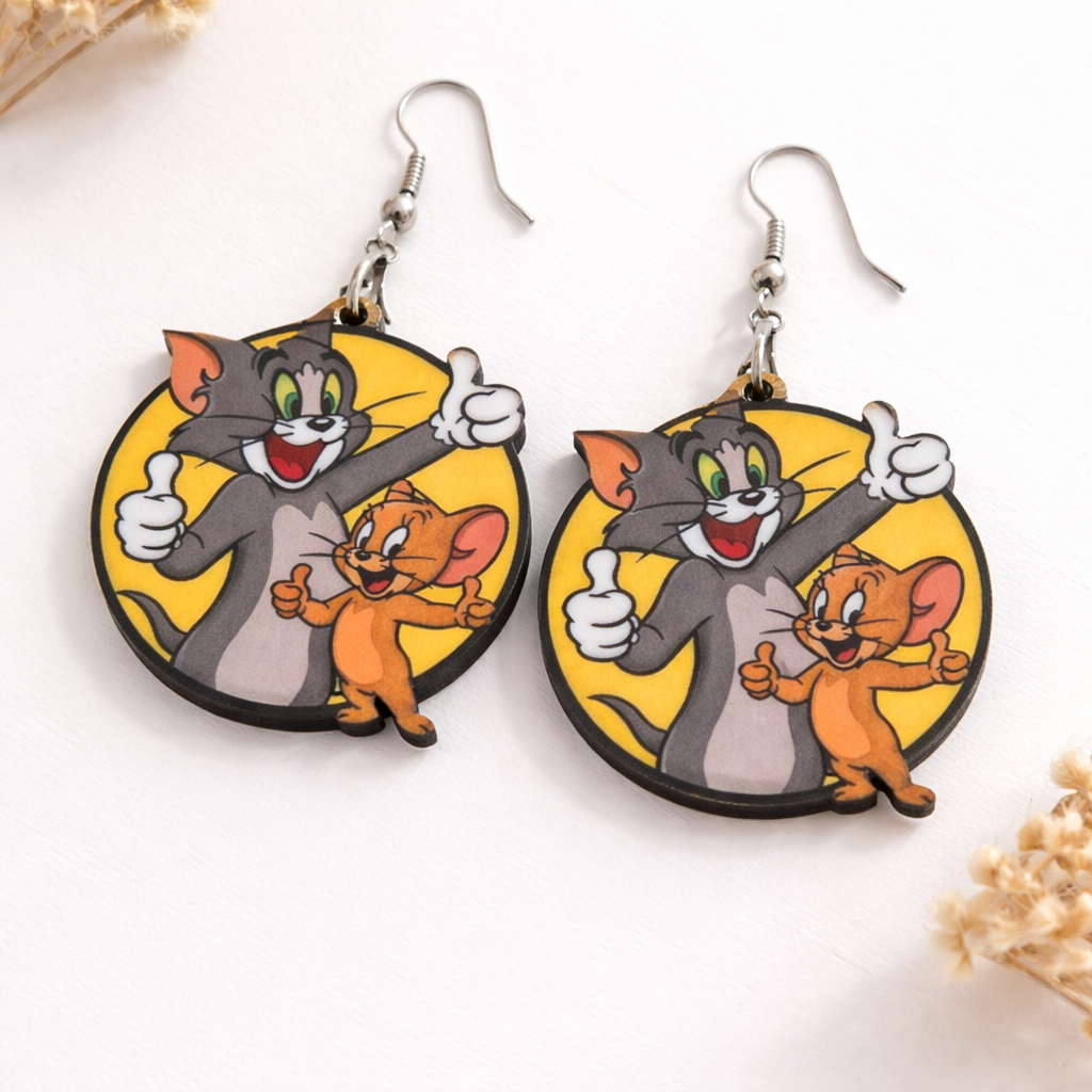 Tom and Jerry wooden earrings for women with colorful classic cartoon character design