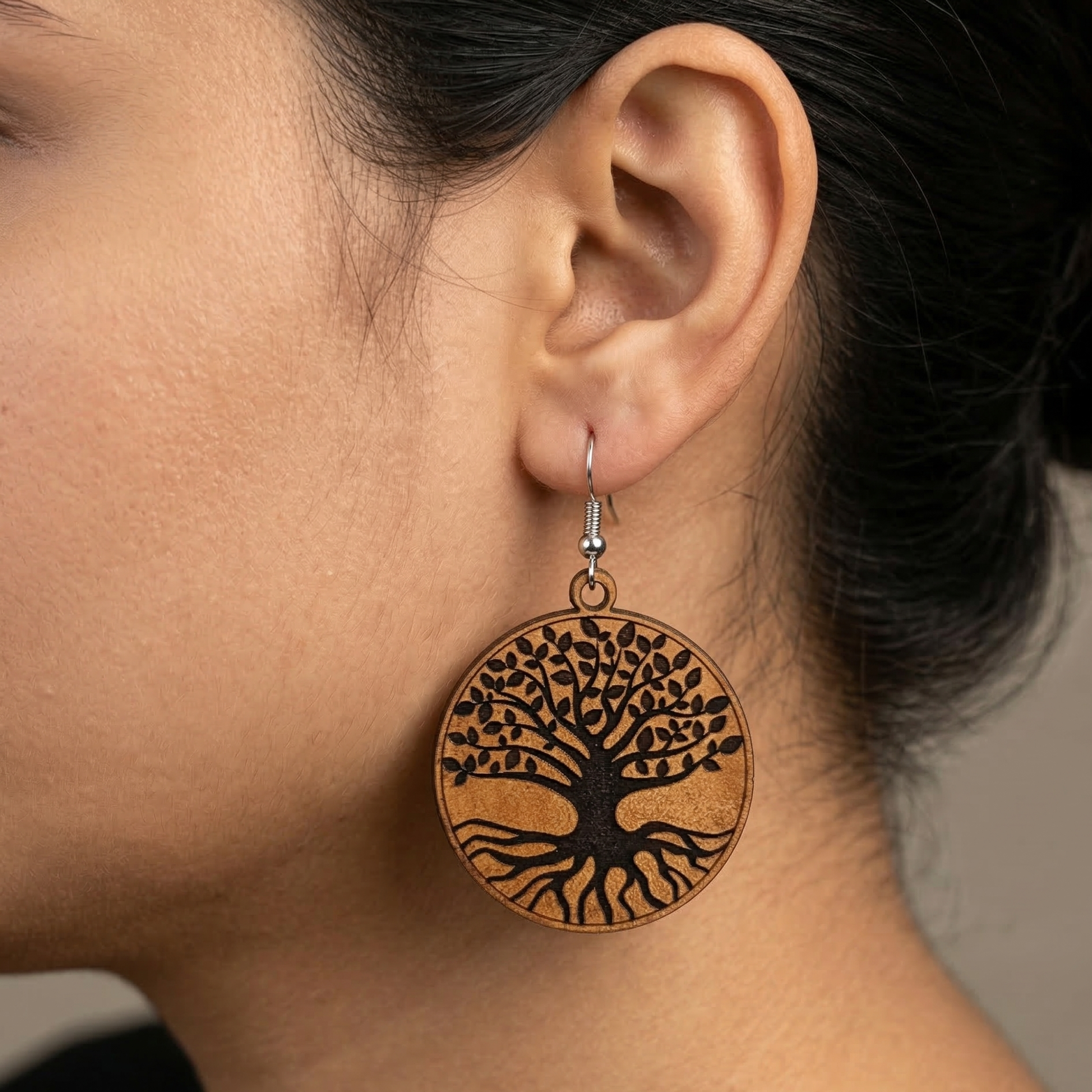 tree of life wooden earrings for women round nature spiritual dangle earrings with roots and branches design Main image