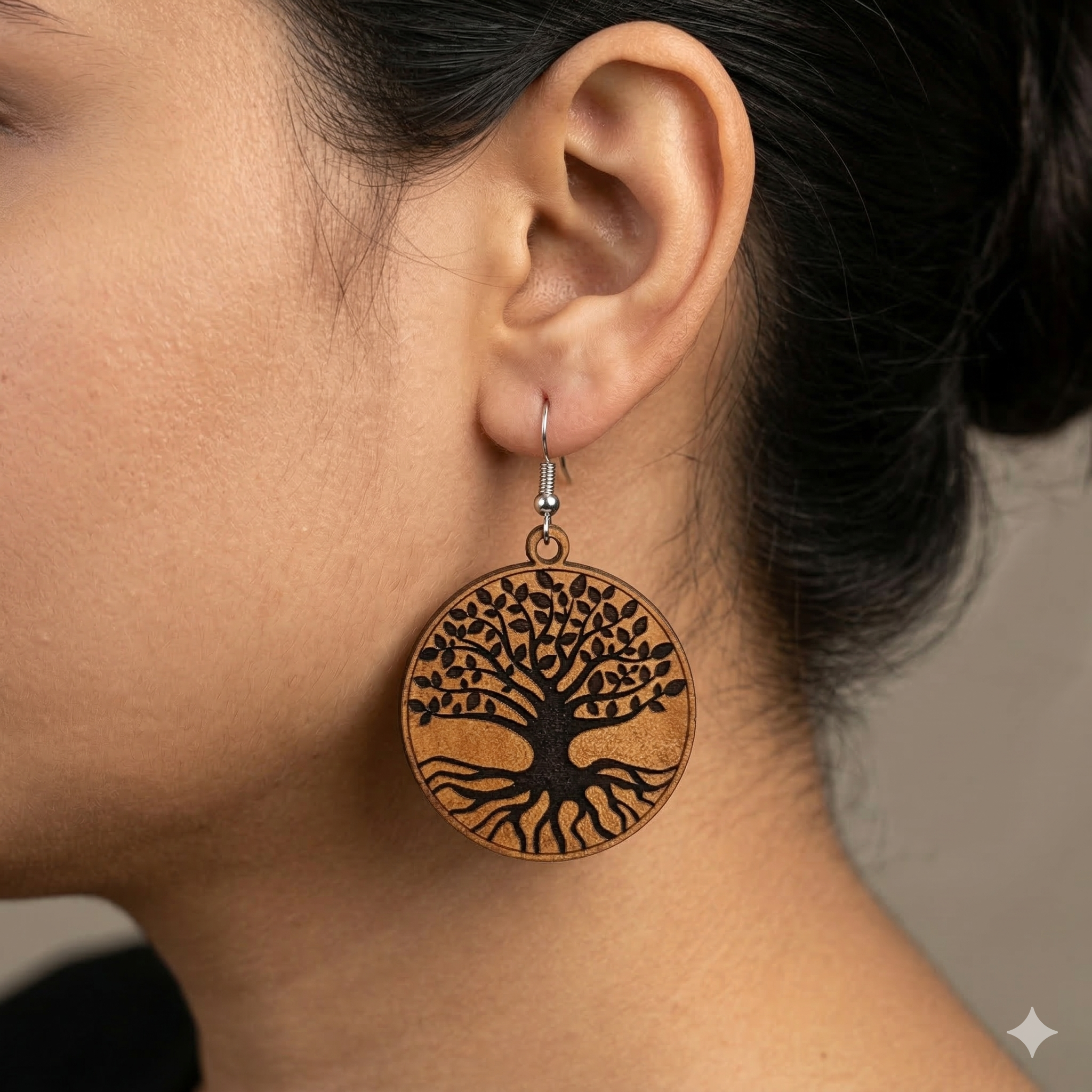 tree of life wooden earrings for women round nature spiritual dangle earrings with roots and branches design Main image