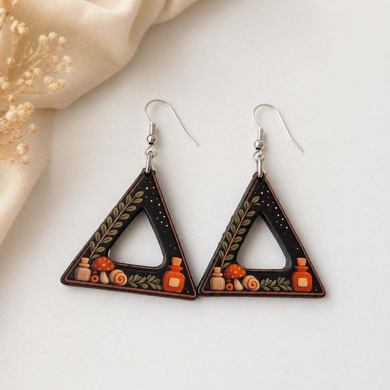 Triangle wooden earrings with miniature forest design mushrooms and leaves nature inspired artistic jewelry for women Main image