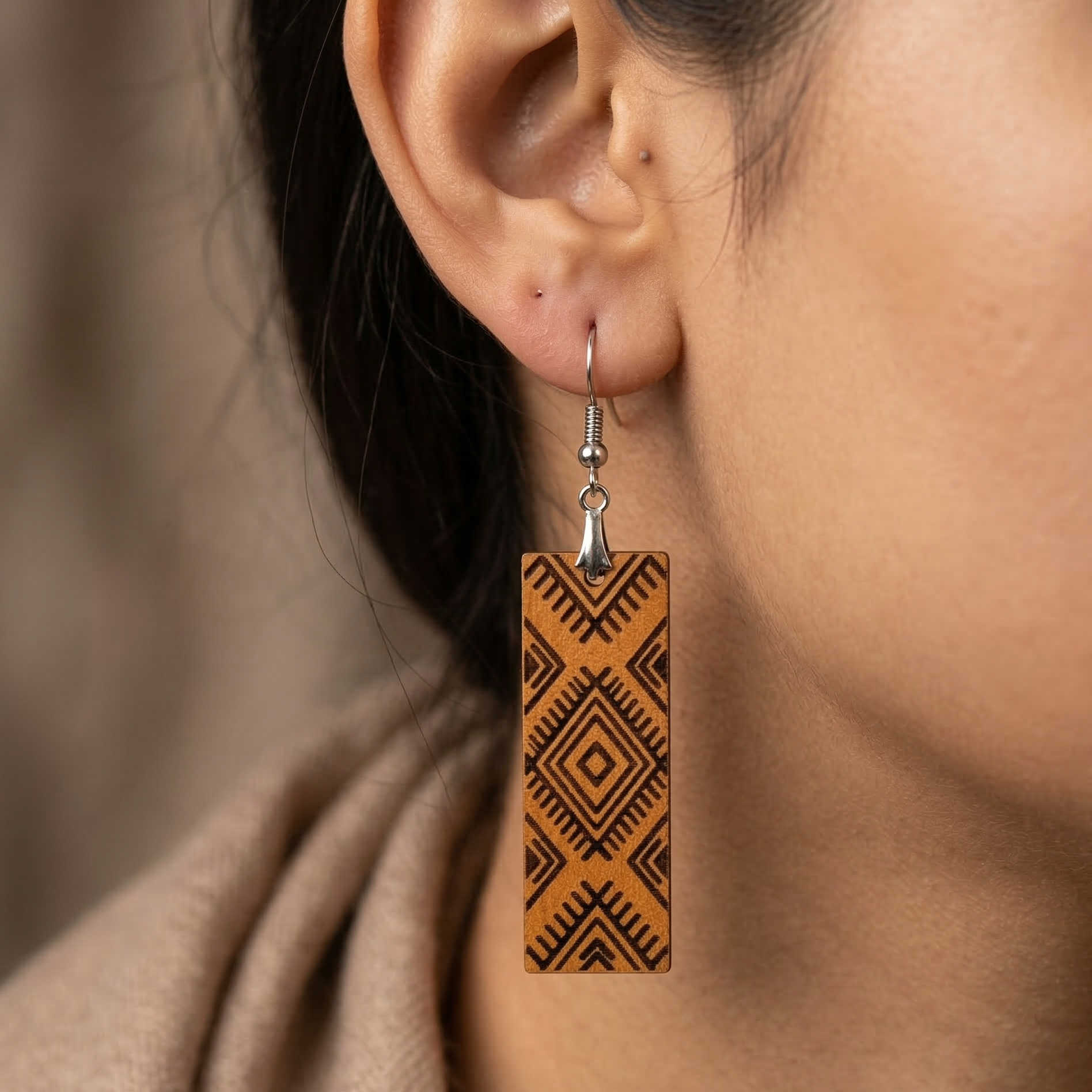 tribal diamond geometric wooden earrings for women rectangular ethnic boho engraved lightweight dangle earrings Main image