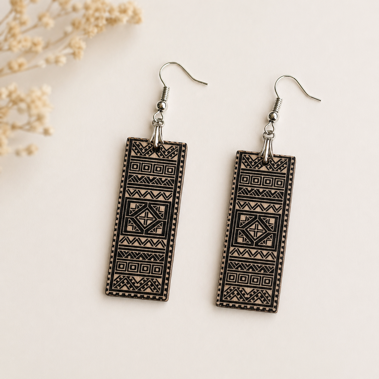 Tribal geometric wooden earrings with engraved ethnic pattern rectangular boho style jewelry for women Main image