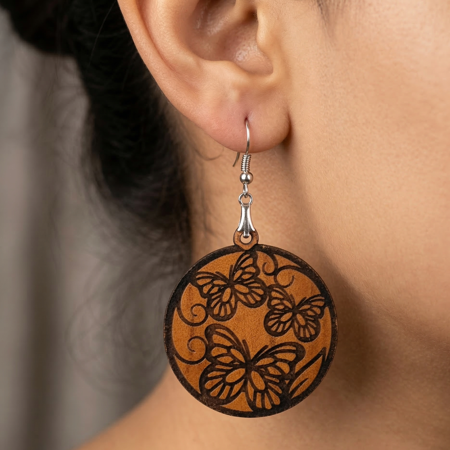 butterfly wooden earrings for women round triple butterfly nature dangle earrings artistic boho jewelry Main image