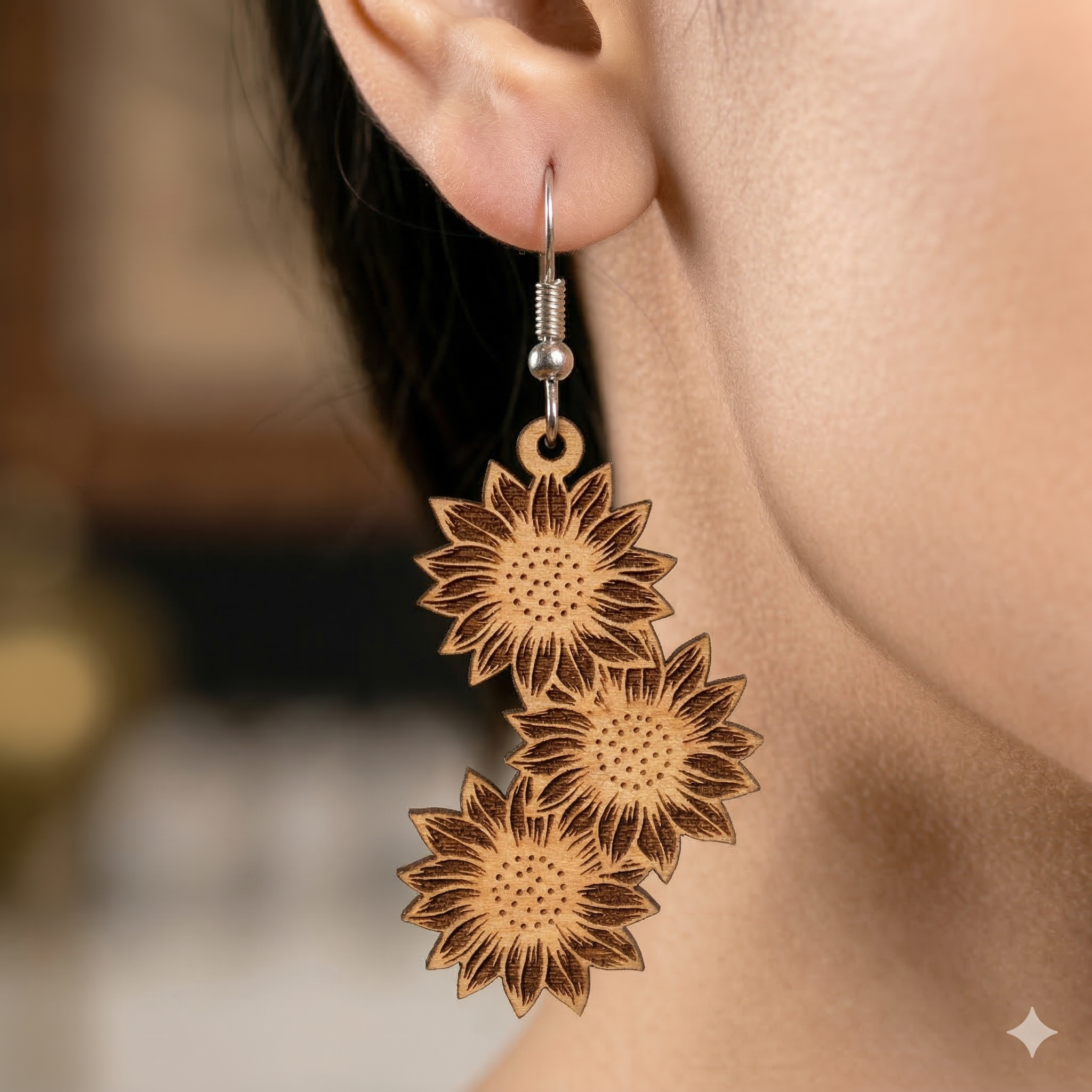 sunflower wooden drop earrings for women floral statement earrings Main image