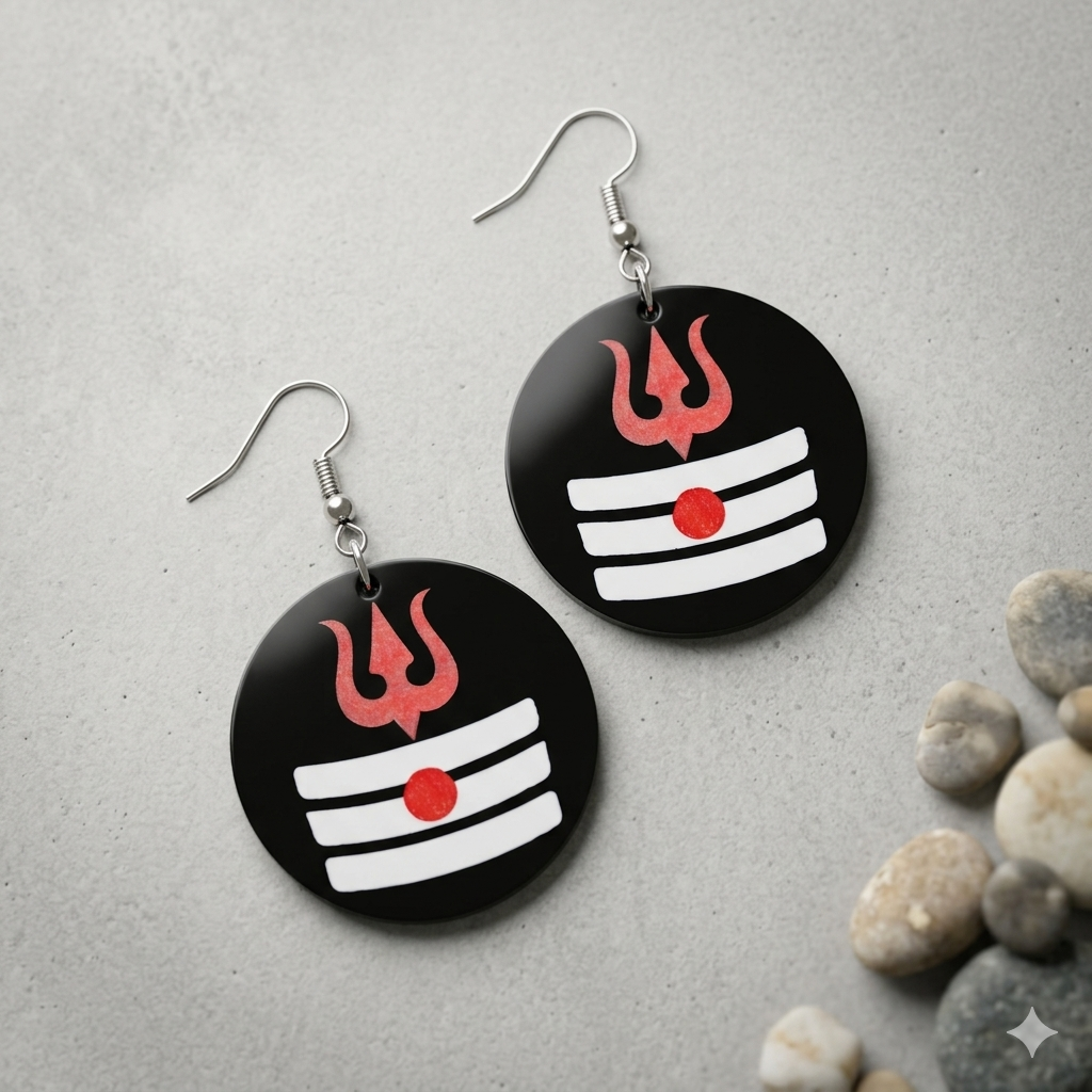 Trishul Tripund spiritual wooden round earrings for women with sacred Shiva symbol design Main image