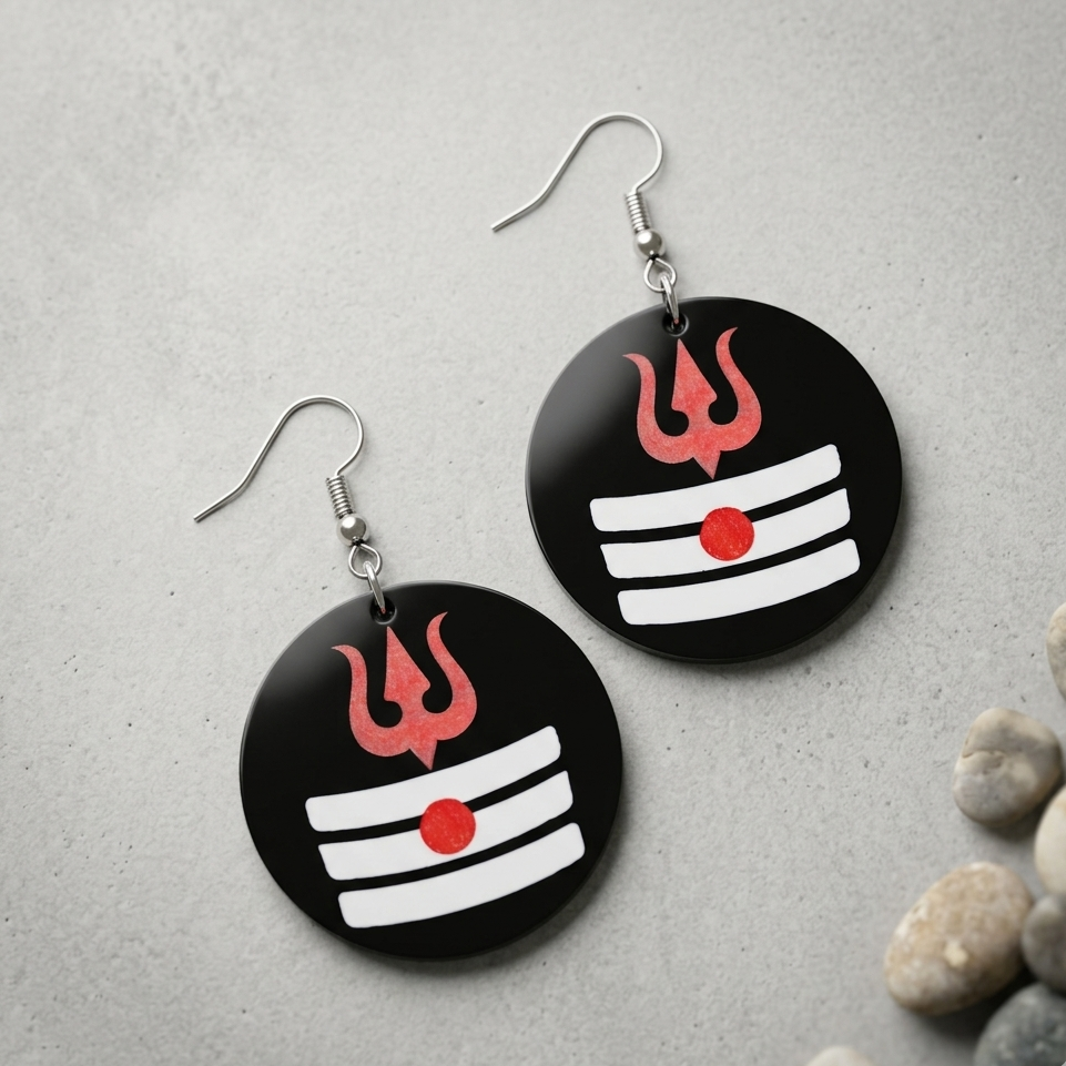 Trishul Tripund spiritual wooden round earrings for women with sacred Shiva symbol design