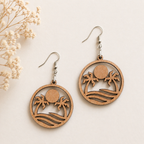 Tropical Sunset Palm Tree Earrings for Women | Beach Wooden Statement Drop Earrings