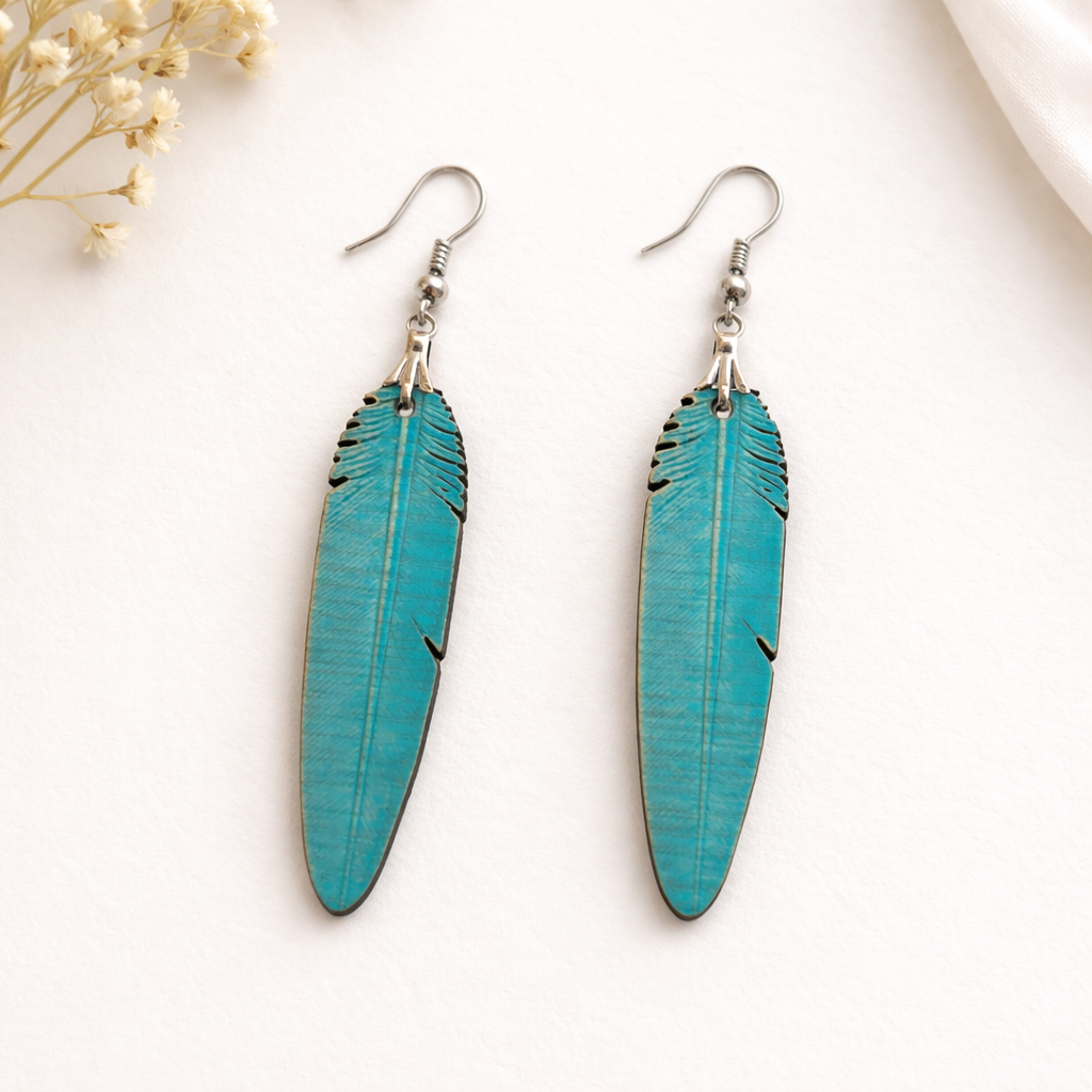 Turquoise feather leaf wooden earrings for women with boho nature design lightweight long drop earrings Main image