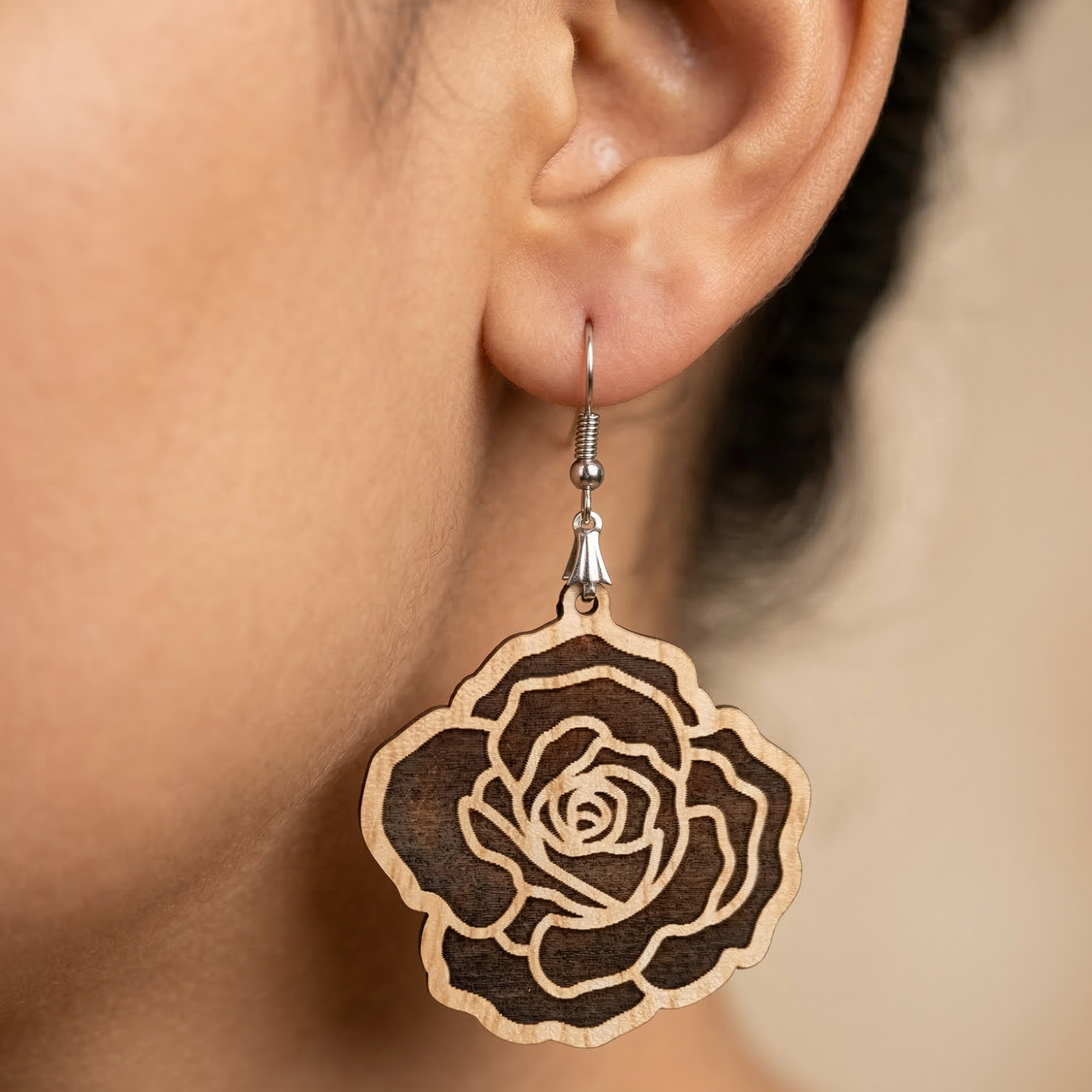 rose flower wooden earrings for women engraved floral statement lightweight dangle earrings nature inspired Main image