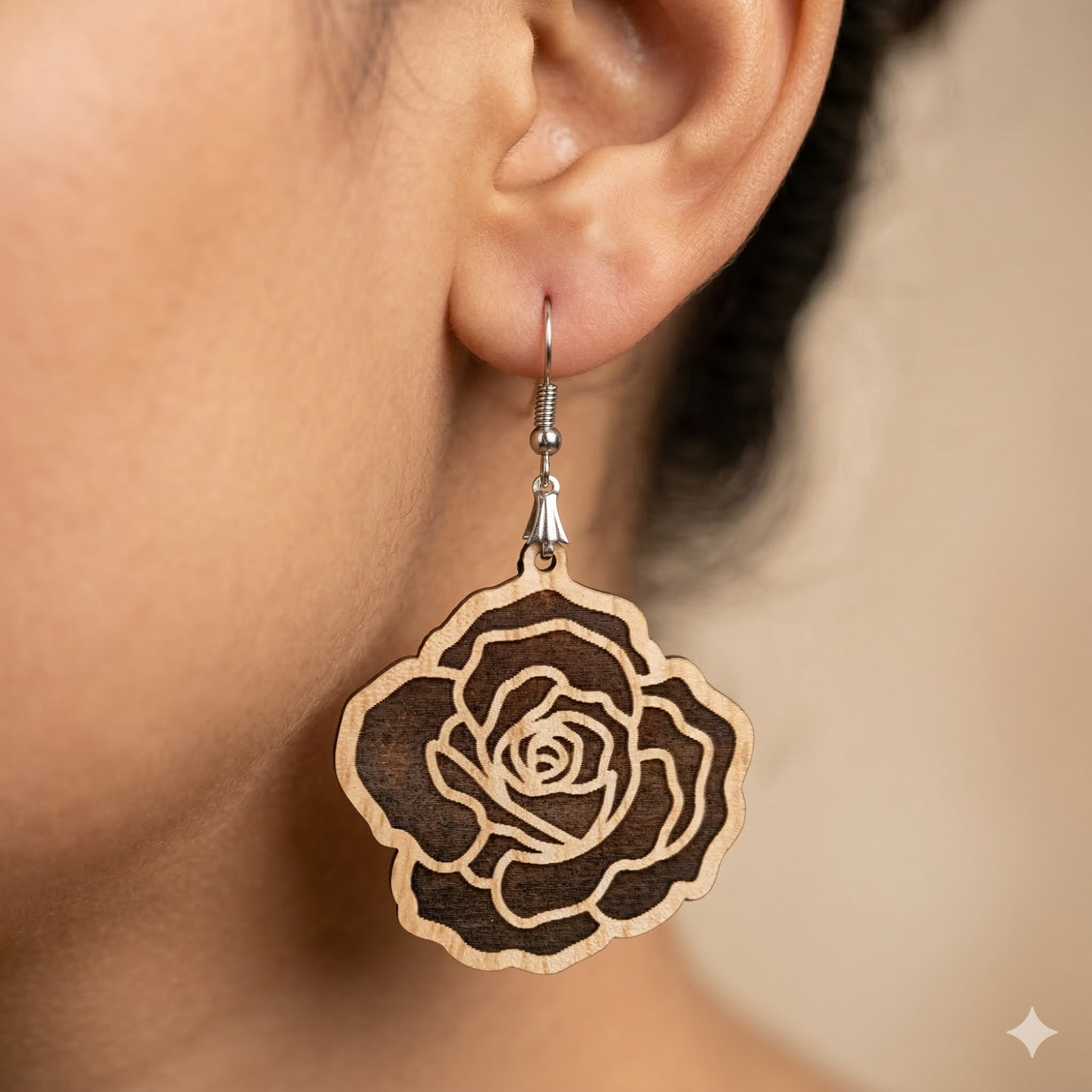 rose flower wooden earrings for women engraved floral statement lightweight dangle earrings nature inspired Main image