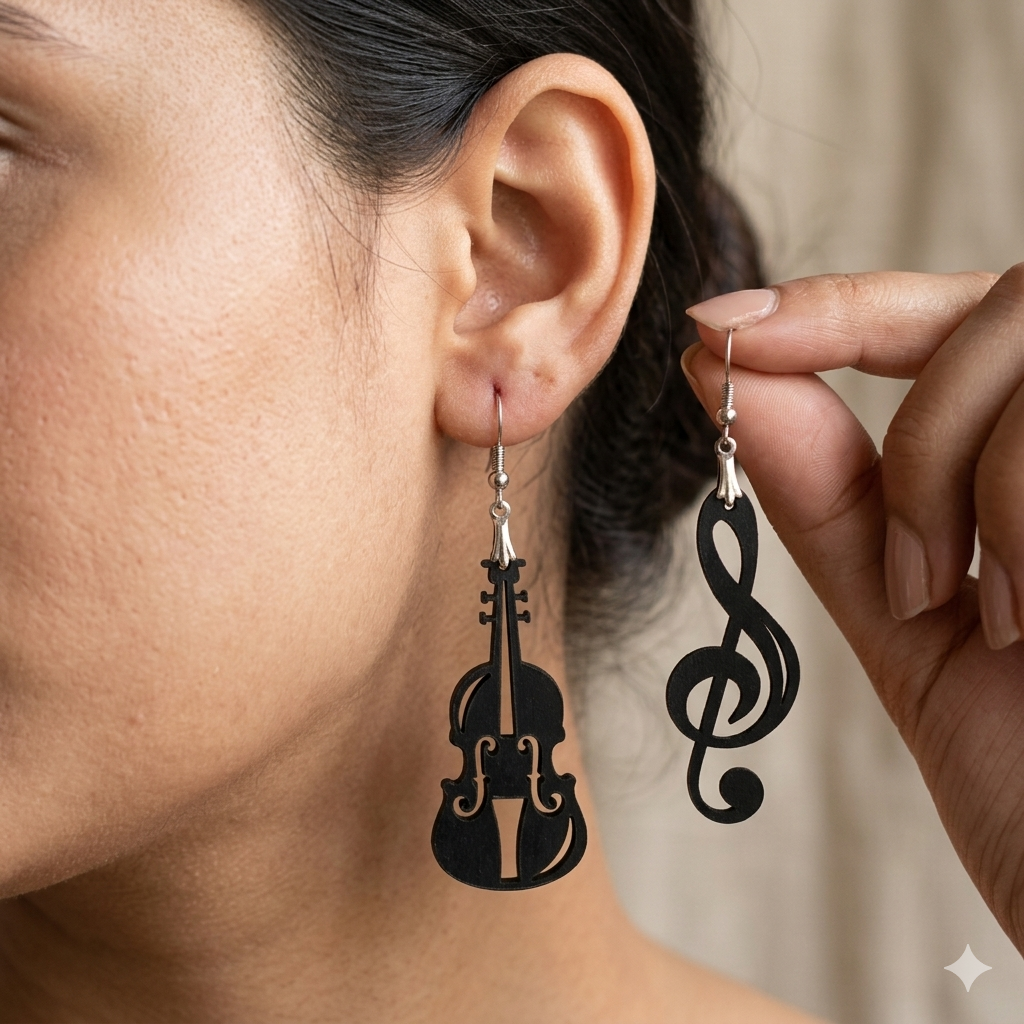 Violin and treble clef wooden earrings for women featuring musical instrument and music note design lightweight statement jewelry. Main image