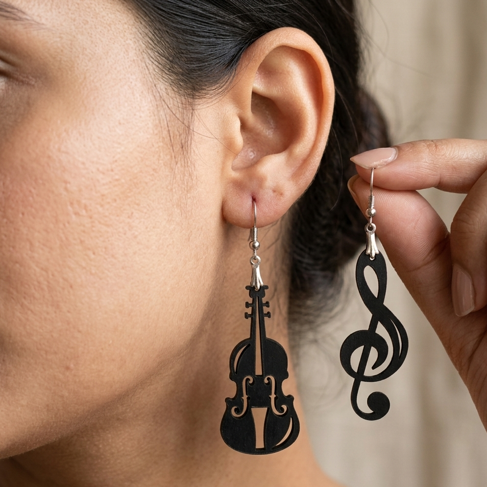 Violin and treble clef wooden earrings for women featuring musical instrument and music note design lightweight statement jewelry. Main image