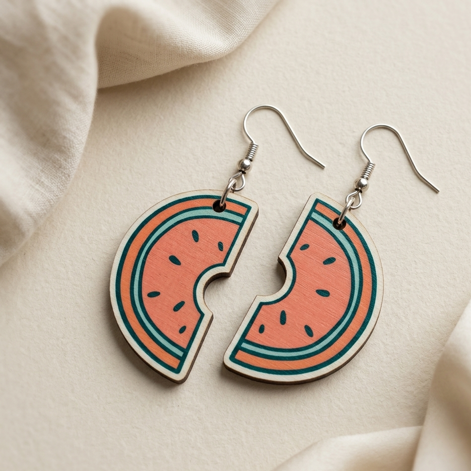 Watermelon slice wooden earrings with bite detail colorful summer fruit dangle earrings for women Main image