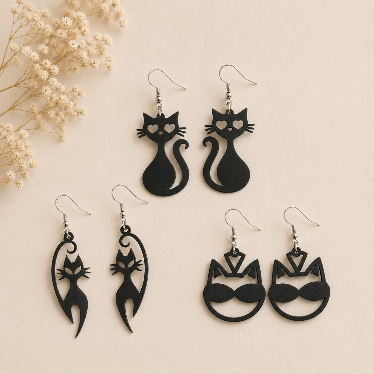 Bohemian Black Cat Wooden Earrings – Set of 3 Main image