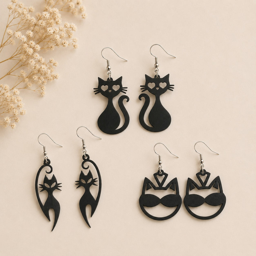 Bohemian Black Cat Wooden Earrings – Set of 3