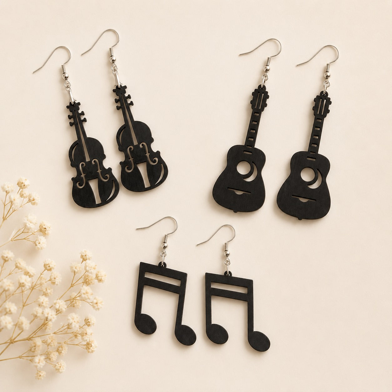 Music Note, Guitar & Violin Wooden Earrings – Set of 3