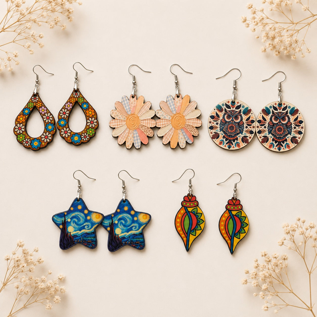 Boho Wooden Earrings Combo – Set of 5