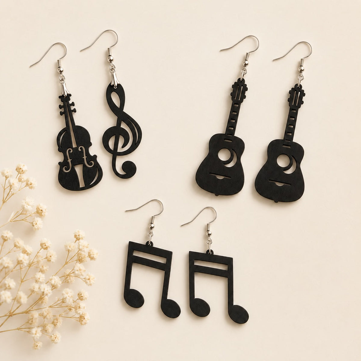 Music Note, Guitar & Violin Wooden Earrings – Set of 3 Main image