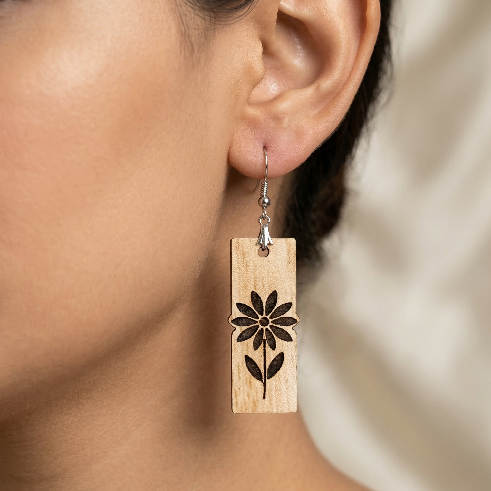 botanical wildflower wooden earrings for women minimalist rectangular engraved floral dangle earrings lightweight Main image