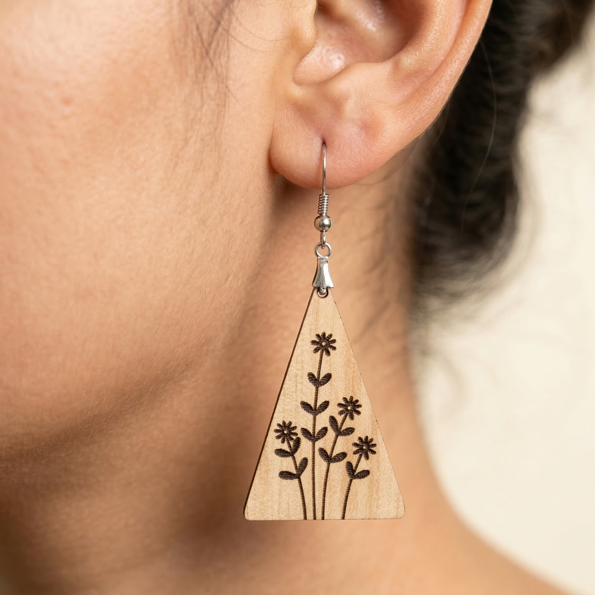 wildflower triangle wooden earrings for women minimalist boho floral engraved dangle earrings Main image