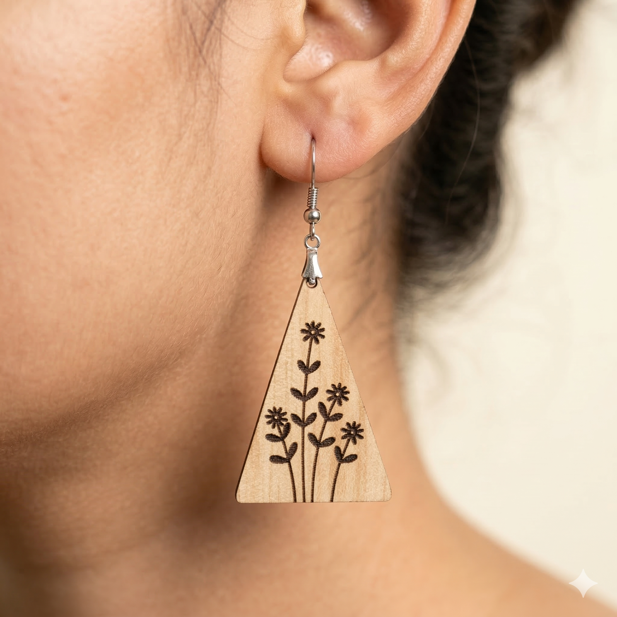 wildflower triangle wooden earrings for women minimalist boho floral engraved dangle earrings Main image