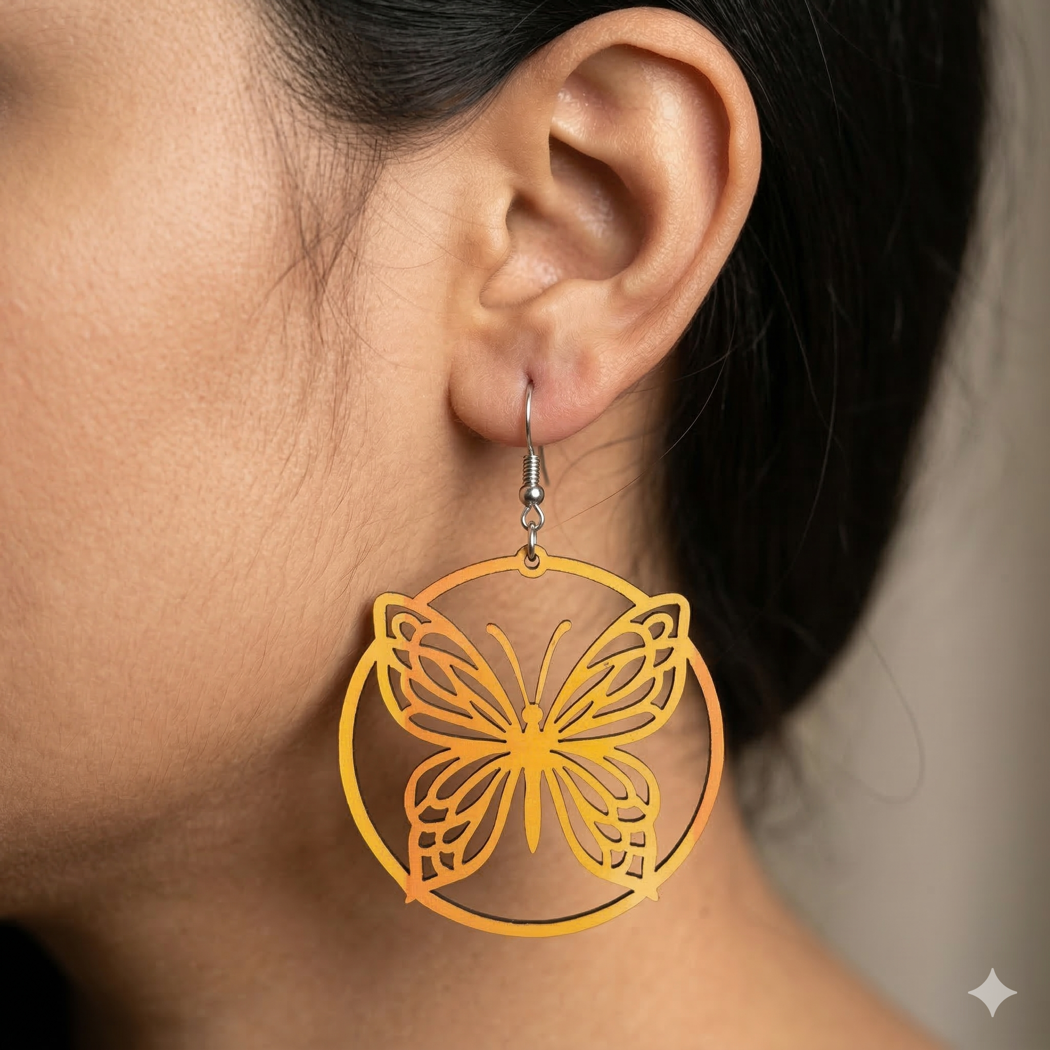Yellow butterfly circle wooden earrings for women nature inspired lightweight dangle earrings Main image
