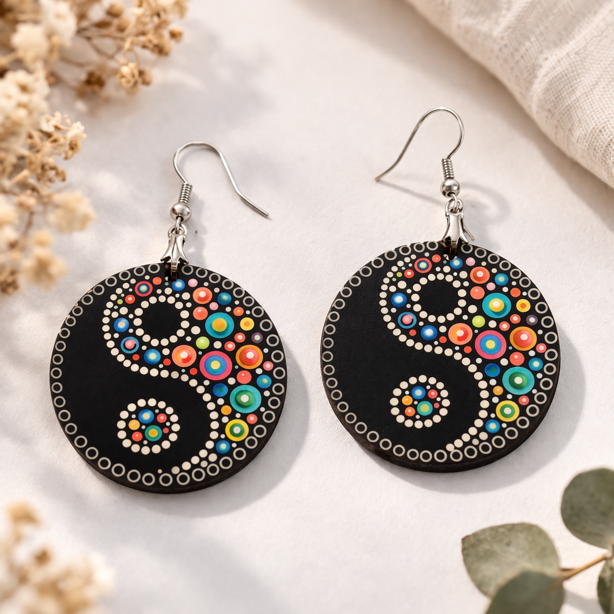 Yin Yang mandala wooden earrings with colorful dot art design on black round base, lightweight boho spiritual jewelry