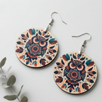 boho owl mandala wooden earrings round tribal nature dangle earrings for women