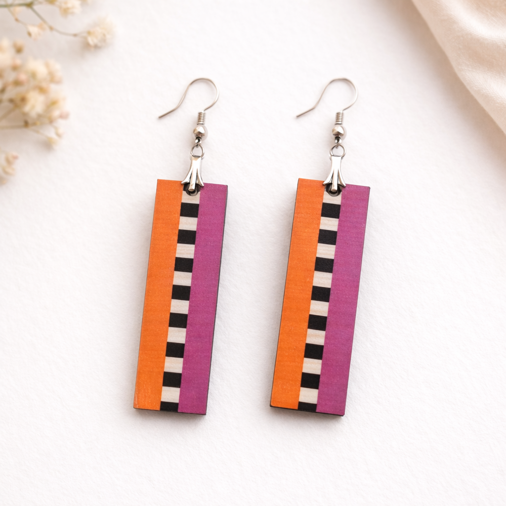 color block stripe wooden earrings for women modern rectangular orange magenta black white lightweight drop earrings Main image