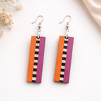 color block stripe wooden earrings for women modern rectangular orange magenta black white lightweight drop earrings
