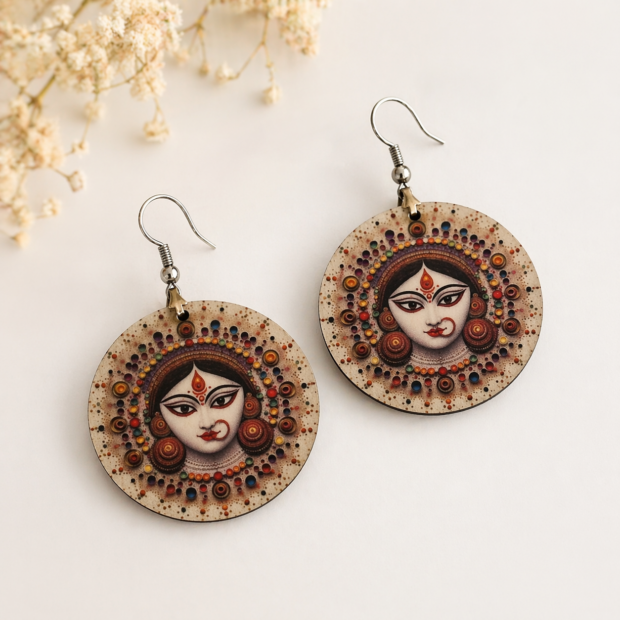 durga maa wooden earrings for women traditional artistic goddess round ethnic lightweight earrings