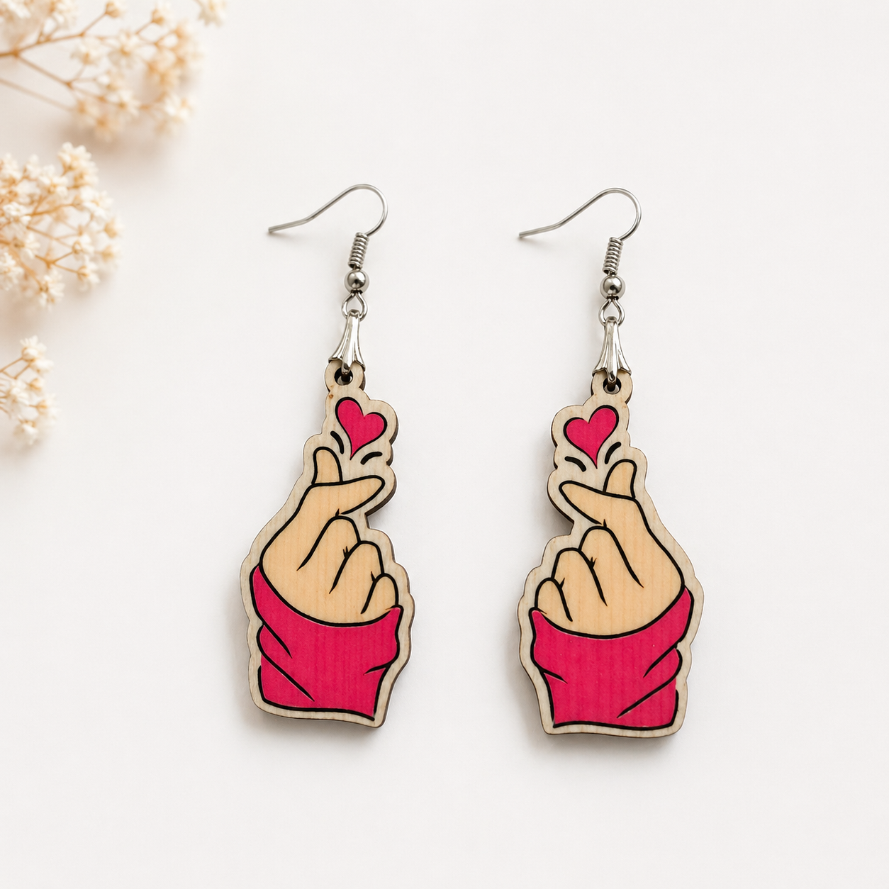 finger heart wooden earrings for women, cute minimal pink heart hand gesture earrings lightweight jewelry