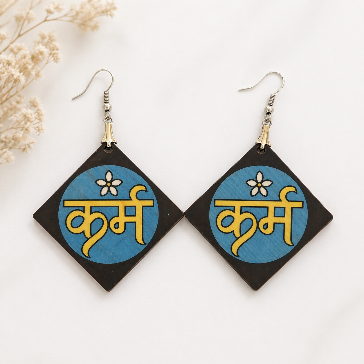 karma wooden earrings for women hindi karm text spiritual geometric lightweight statement earrings
