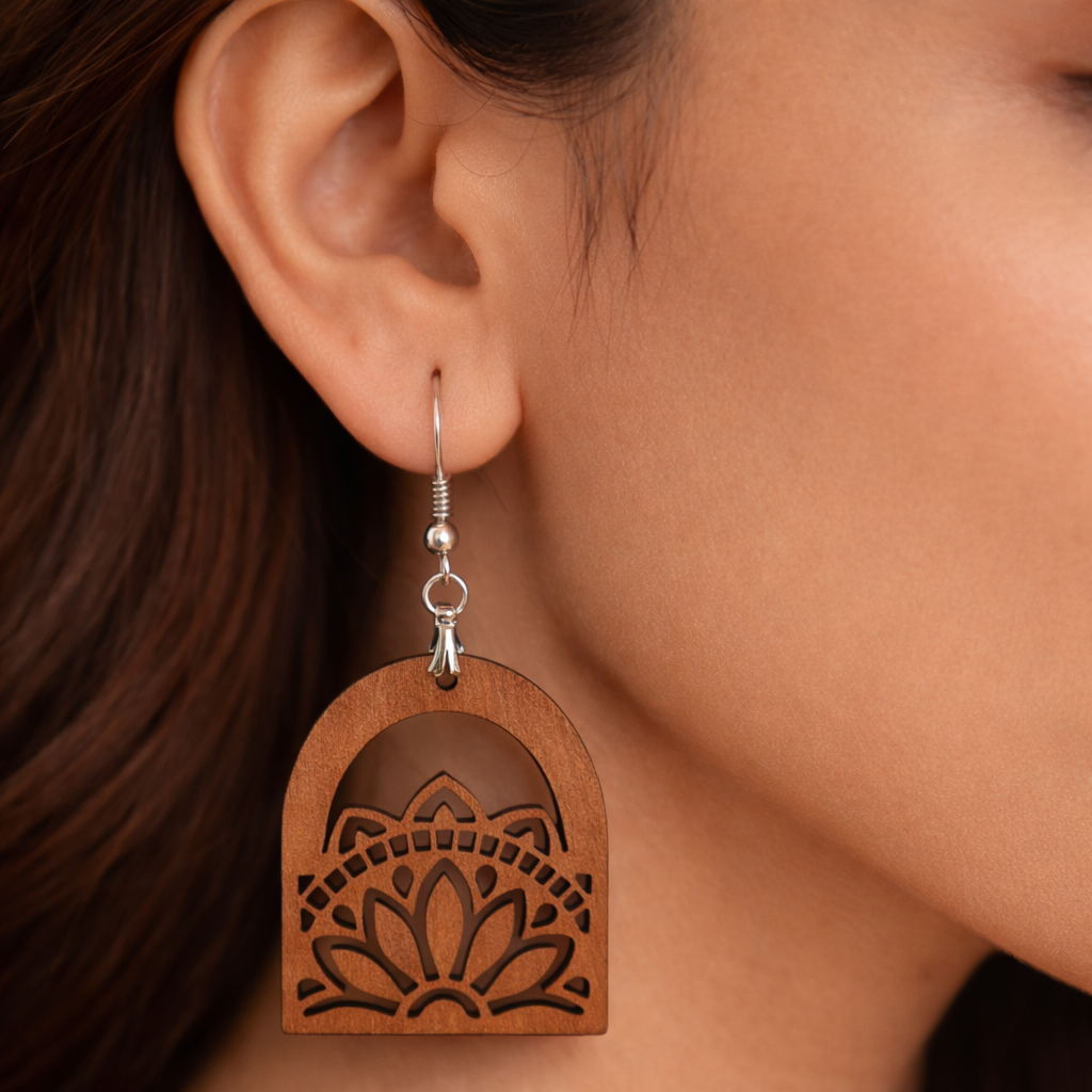 brown mandala wooden MDF earrings for women laser cut lightweight statement earrings Main image