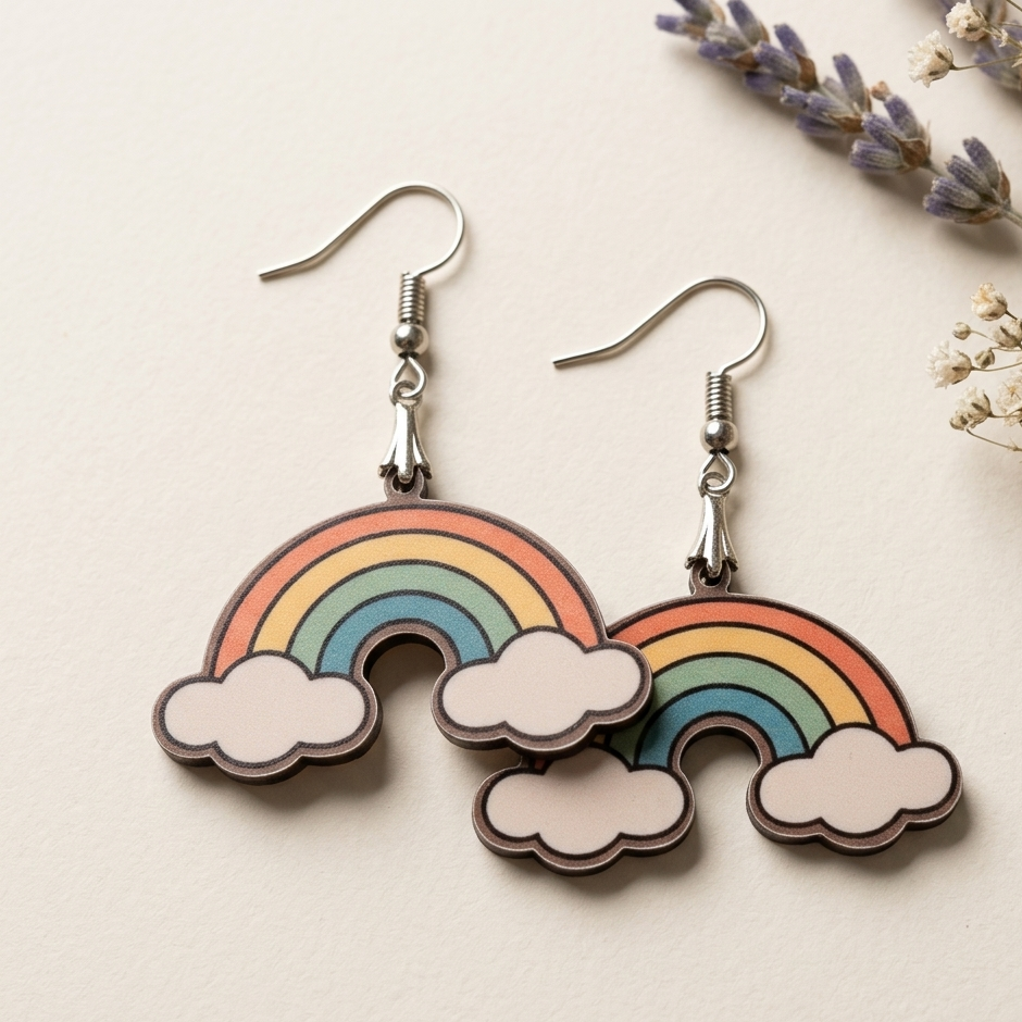 rainbow cloud wooden earrings colorful cute playful dangle earrings for women