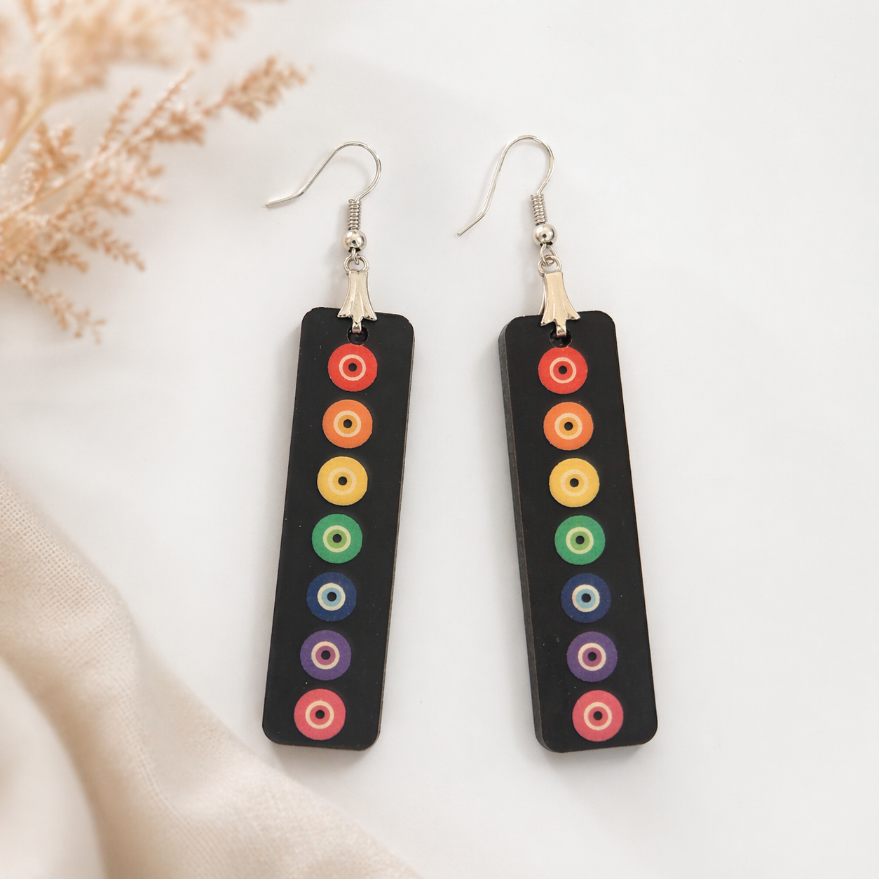 rainbow evil eye wooden earrings for women black bar multicolor protective symbol lightweight boho drop earrings