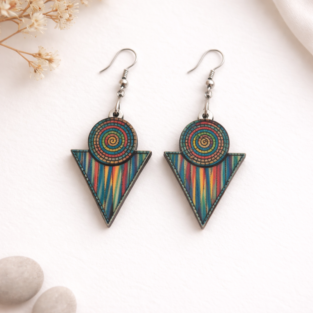 rainbow spiral geometric wooden earrings for women colorful boho triangle drop lightweight artistic earrings Main image