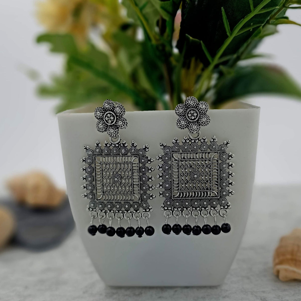 Black Beads Rectangle Silver Oxidised Trendy Earrings